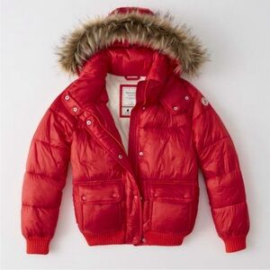 ✨Abercrombie & Fitch✨ EUC Red Puffer Bomber Coat Water Resistant Sz Small No Fur